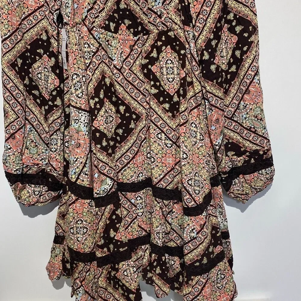 SO Women's Brown‎ Multi Lace Inset Tiered Long Sleeve Babydoll Dress Medium NWT